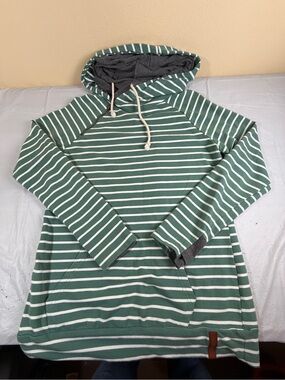 AMPERSAND AVE Green and White Striped Zipper Hooded Sweatshirt